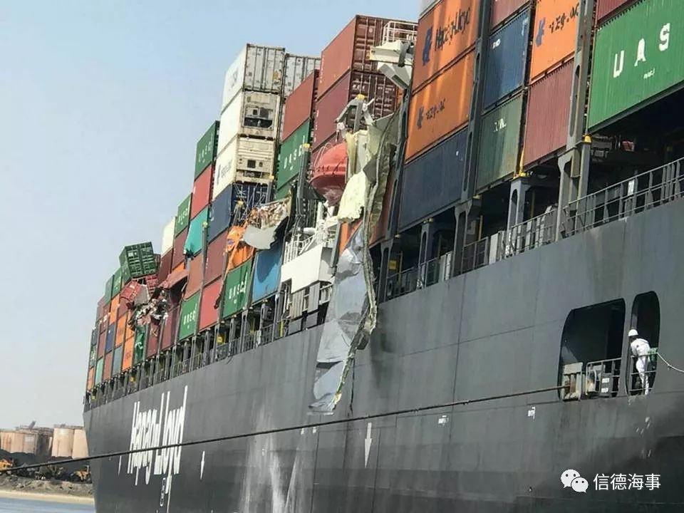 突發(fā)！赫伯羅特和以星大型集裝箱船在卡拉奇碼頭相撞，大量貨柜落水受損?。ǜ揭曨l）